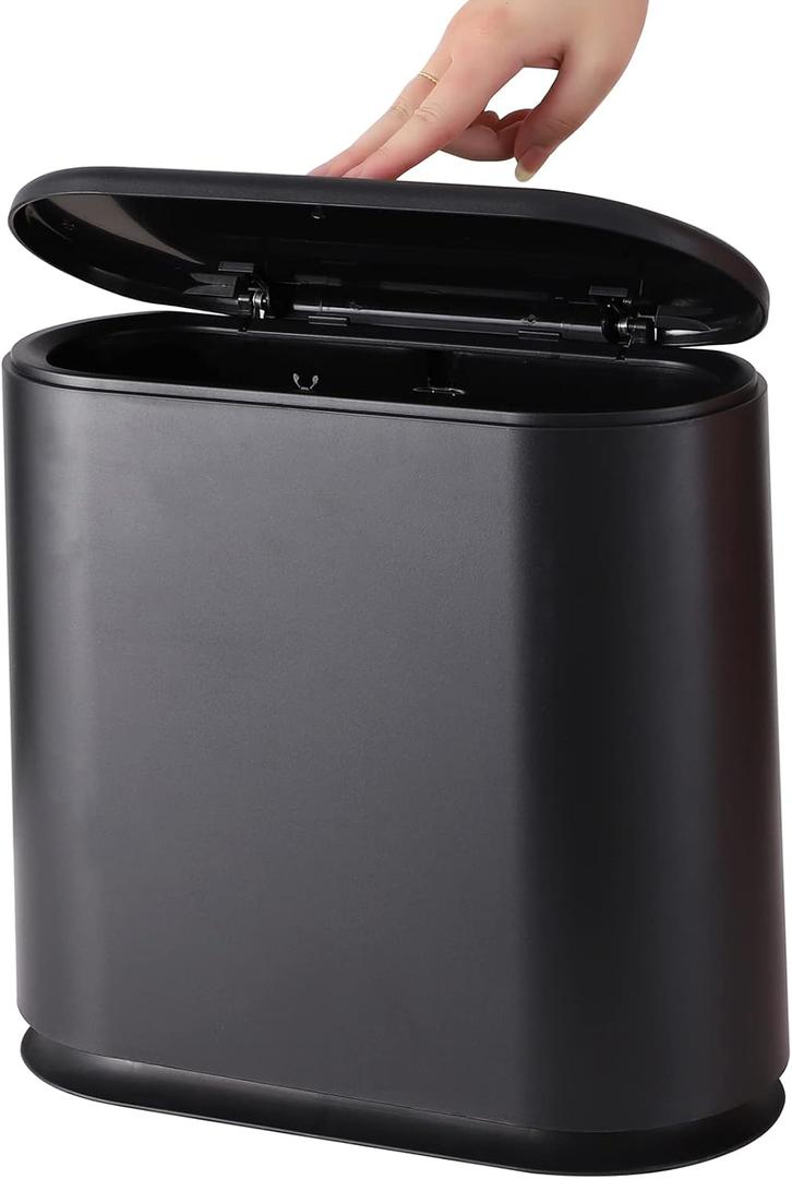 Black Slim Bathroom Trash Can with Press Top Lid, 12 Liter Small Thin Garbage Can, 3.17 Gallon Narrow Dog Proof Plastic Waste Basket and Covered Wastebasket for Room, Bedroom, Kitchen, Toilet, Office, Dorm