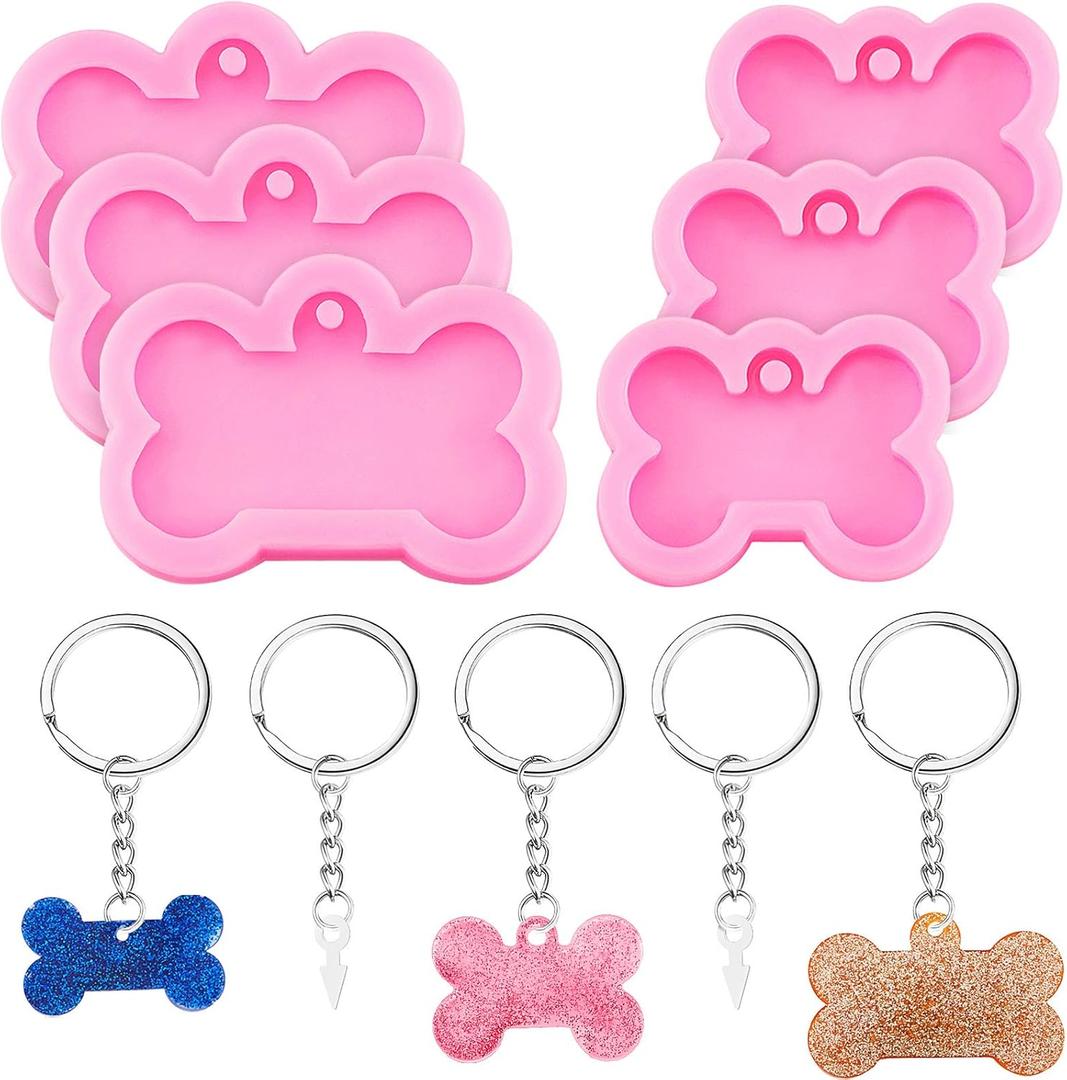 Patelai 6 Pcs Silicone Dog Tags Mold 2.5'' 2'' Resin Keychain Molds Dog Bone Tag Keychain with 10 Pcs Key Ring Kit Pink Epoxy Clay Mold for DIY Pet Tag Pendant Homemade Crafts Resin Casting
