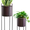 TRIROCKS Set of 2 Planters with Stand Large Metal Planter for Indoor Plants 28 &18" H Plant Pots for Living Room Corner Kitchen Office Garden Balcony Patio Decor(Brown)