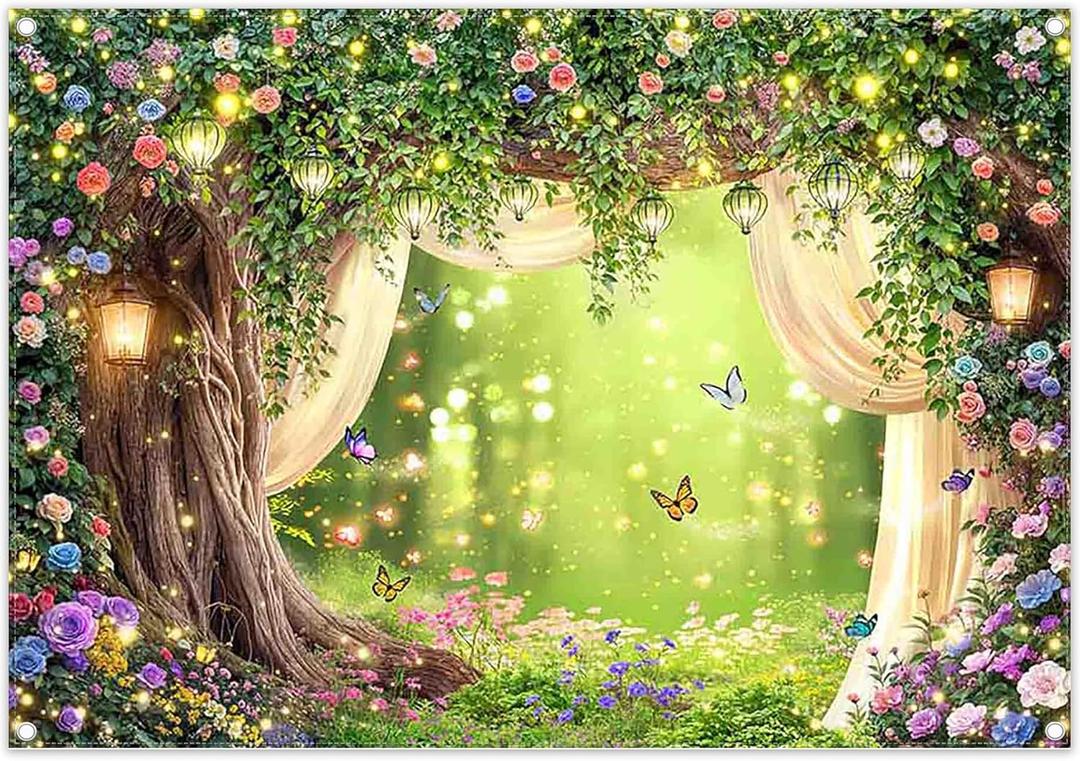 7x5ft Enchanted Forest Backdrop Glitter Fairy Tale Wonderland Flower Butterfly Lamp Photography Background Easter Family Festival Party Decor Photo Booth Banner