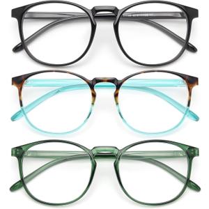 IBOANN Chic & Comfy Blue Light Glasses for Women - 3-Pack Round Frames, Screen-Ready Style with UV Protection Coating (C8 Light Black & Iris Blue Tortoise &Ivy Green)