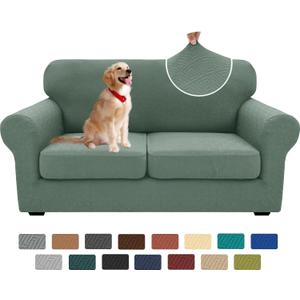 XINEAGE New 3 Pieces Couch Covers for 2 Cushion Sofa Super Stretch Loveseat Slipcover Pet Dog Universal Slip Cover Anti Slip Love Seat Furniture Protector (Pea Green, 55"-69")