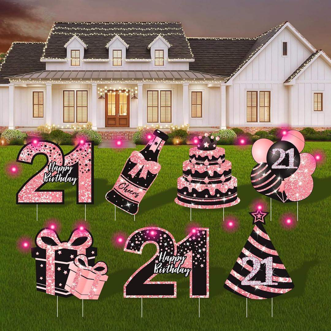 21st Birthday Decorations for Her - 7 Pcs Birthday Yard Signs with Stakes, 2 LED Lights & Double-Sided Tape | Happy 21 Years Old Decor | Outdoor/Indoor Party Favors, Photo Props & Lawn Decorations (Pink and Black)