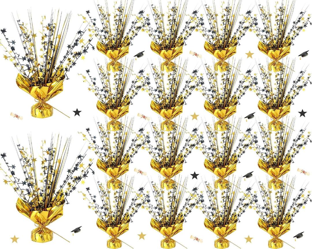 18 Pack 2026 Graduation Table Centerpiece Decoration Metallic Foil Spray Centerpiece Glitter Star Brust Table Topper Decoration for Graduation Birthday New Year Holiday Party Supplies (Black and Gold)