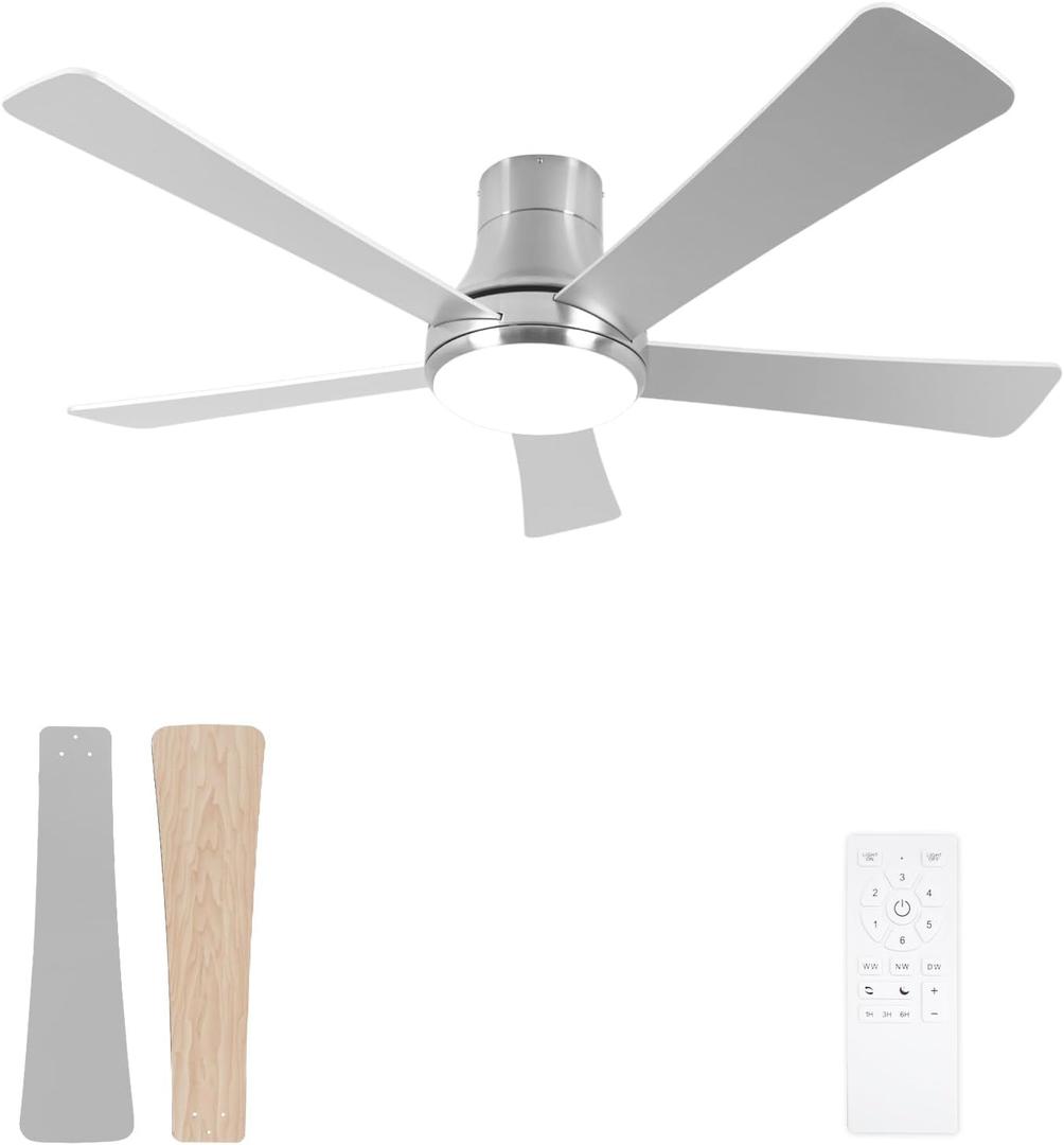 52 Inch Outdoor Ceiling Fan with Light, Brushed Nickel Flush Mount Ceiling Fan and Remote, 5 Blades, Dimmable, Reversible, 3-Colors, 6 Speeds