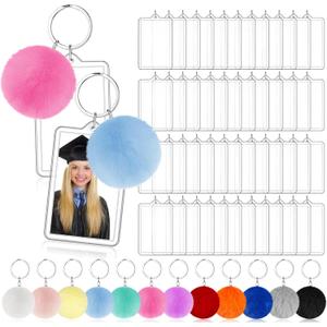 Henoyso 48 Pcs Graduation Photo Keychain, Class of 2026 Acrylic Picture Keychain with Fluffy Pom Poms, DIY Photo Frame Keychain Bulk (2 x 3 Inches)