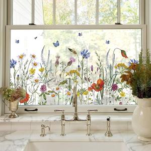 ADD.HERES Window Privacy Film, Colorful Floral Window Stickers, Removable DIY Bouquet Static Clings, Decals for Home School Office Party Supplies, Butterfly Among The Flowers, 17.5 x 78.7 in