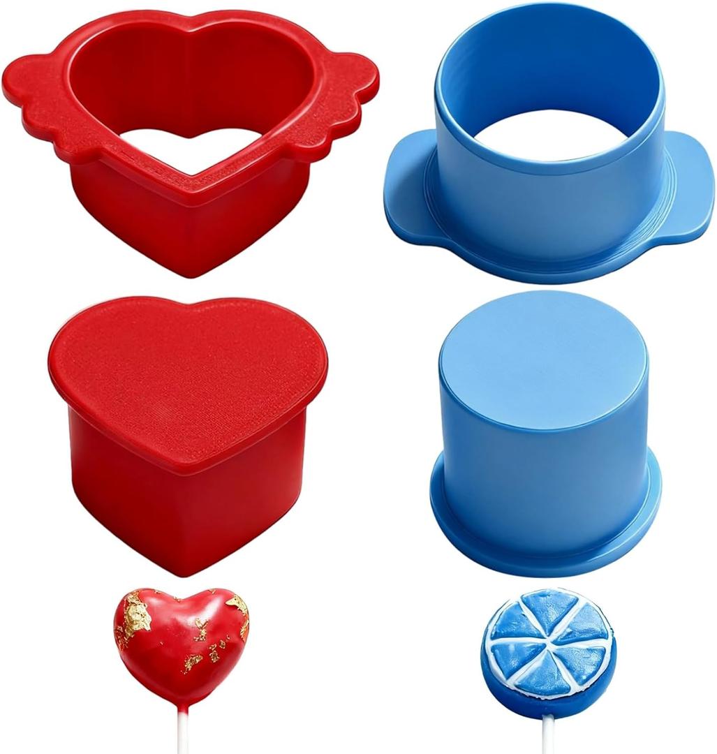 2 Sets Cake Pop Cutter Molds, Round 2 in/5 cm and Heart-Shaped 2.5 in/6.35 cm Cookie Cake Pop Molds Shapes, Plastic Cake Pop Press Set for Baking, Blue, Red