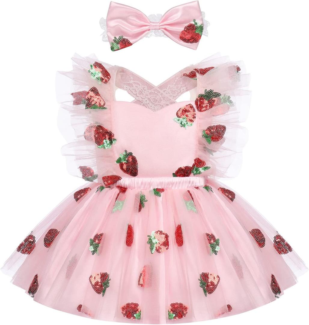 Baby Toddler Girl Backless Lace Butterfly Strawberry Ruffle Princess Cake Smash Birthday Party Photoshoot Dress (12-18 Months)