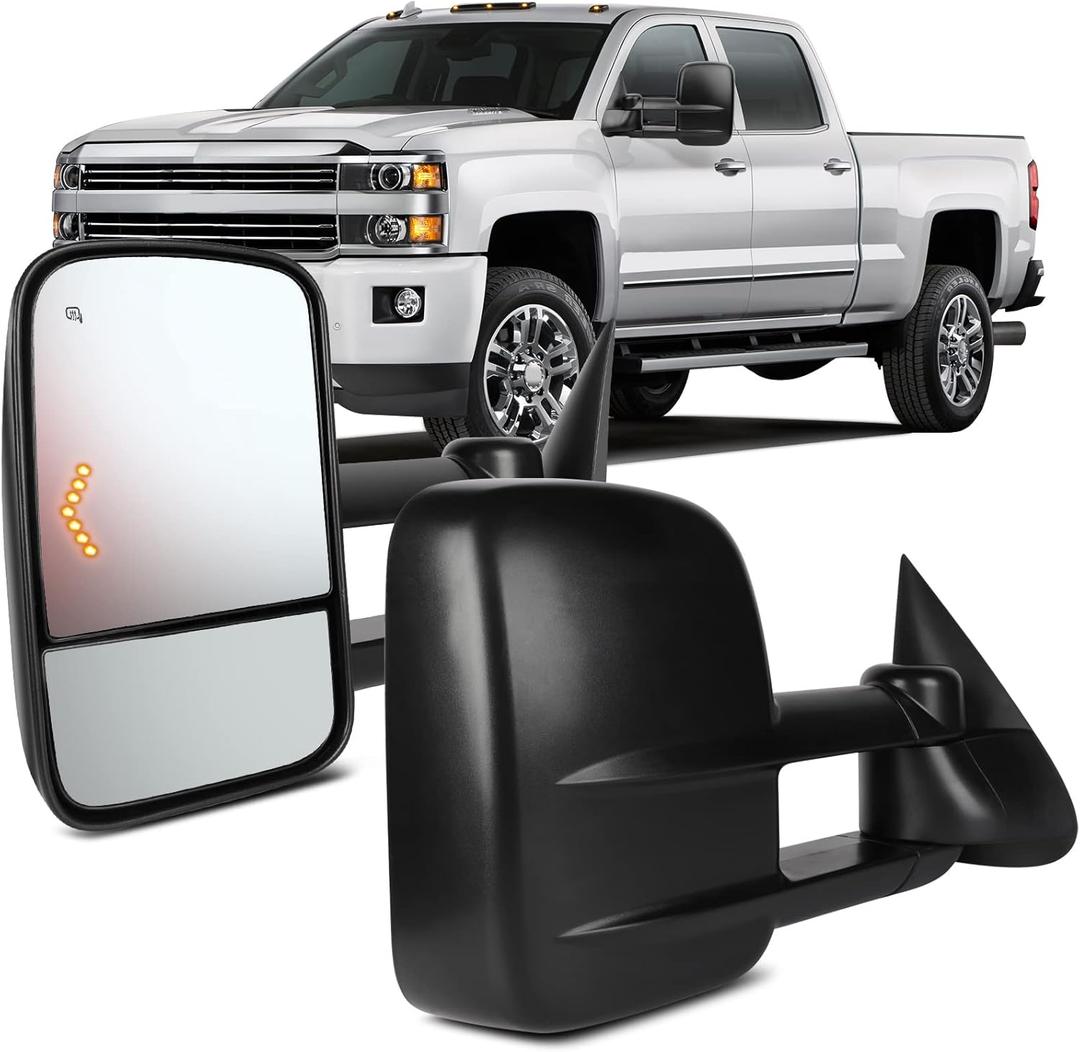 OCPTY Pair Of Power Adjusted Heated Towing Side Led Turn Signal Manual Telescopic Tow Mirrors Fit For 2003 2004 2005 2006 2007 For Chevy For Gmc Silverado Sierra (07 Classic Models