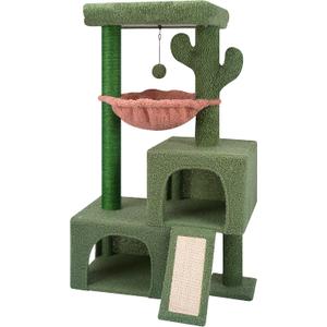 AIWIKIDE 37.4" Cactus Cat Tree Tower with Twin Cat Condos for Indoor Cats, AllinOne Activity Center with Cat Scratching Post Cozy Sleeping Perch Hammock and Toy Balls,Green  