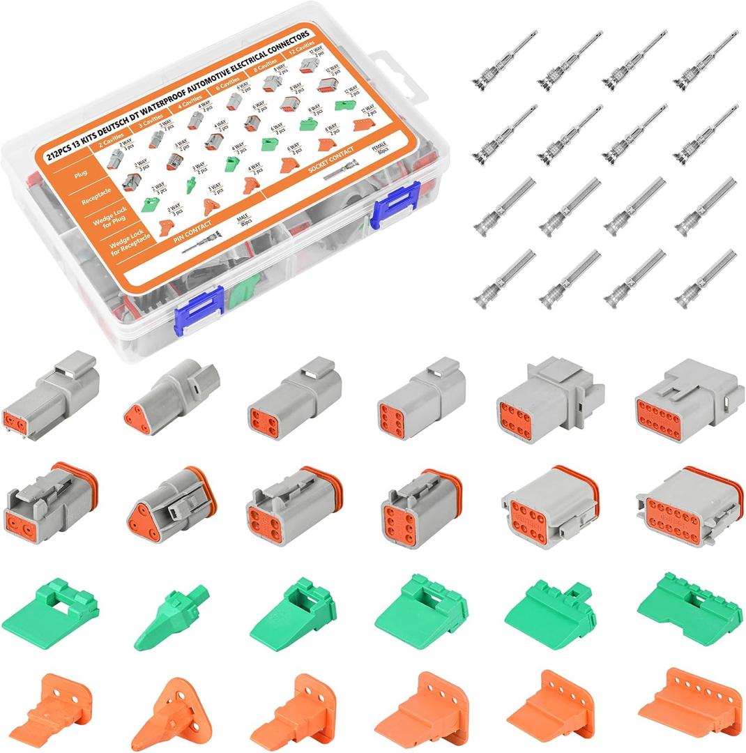212Pcs 13 Kits Deutsch Connector Kit 2/3/4/6/8/12 Pin DT Connectors 15-20 AWG Deutsch Connector Kit Deutsch Solid Contacts Automotive IP67 Waterproof Electrical Wire Connector Plugs