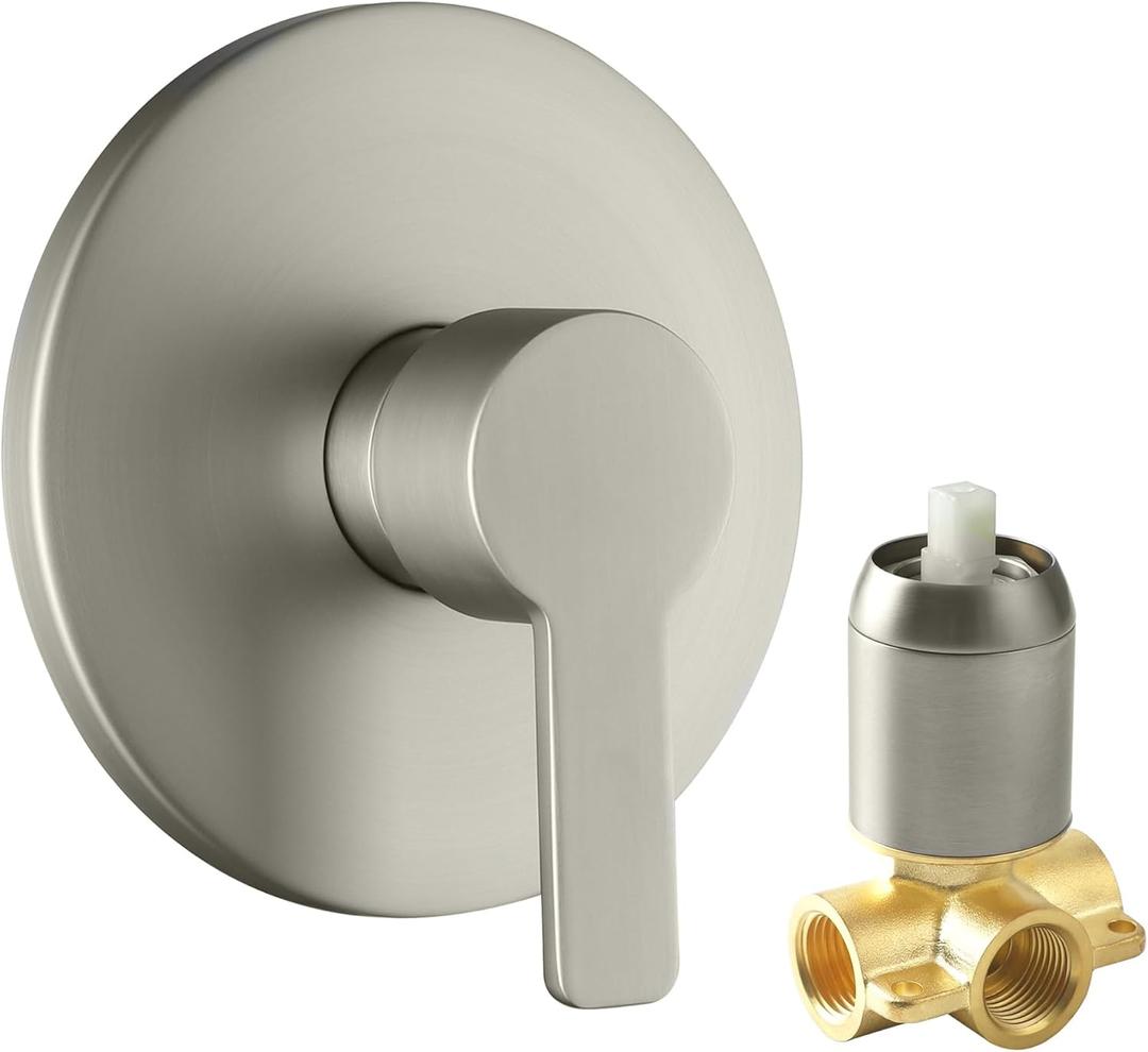 Shower Valve Handle Bathroom Shower Mixer Valve Kit, Wall Mount Rough-in Tub Shower Control Valves Round 1 Way Single Function, Female Thread, Brushed Nickel