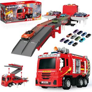 3in1 Fire Truck Toy with Foldable Race Track & 12 Diecast Race Cars Toys, Fire Trucks for Toddlers 3-5 with Lights & Sounds, Carrier Truck Car Kids Toy Gift for Age 3 4 5 6+ Year Old Boys Girls
