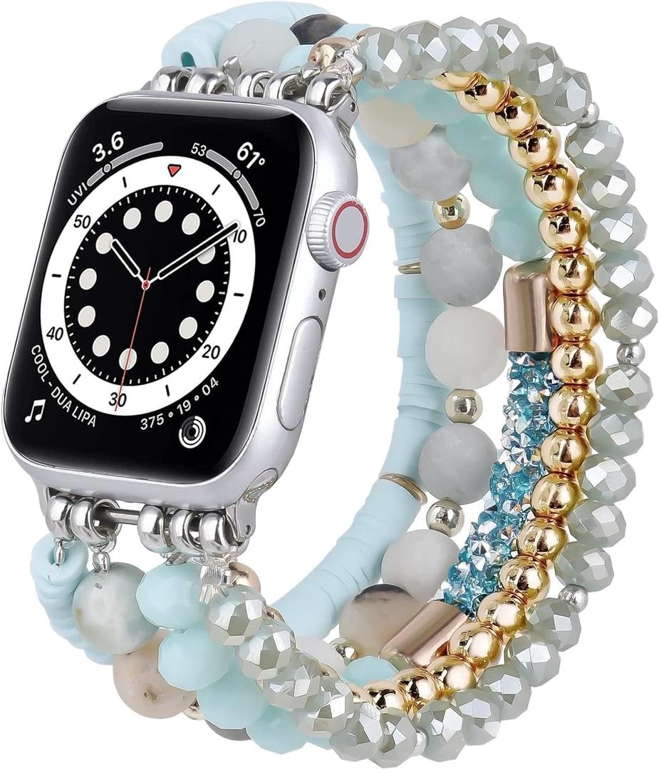 VISOOM Beaded Boho Bracelet Compatible for Apple Watch bands 38404142mm Women - Dressy iWatch Band Women for Apple Watch Series 11/10/SE/9/8/7/6/5/4/3/2/1, Bling Beaded Apple Watch Bracelet Band (Light Blue)