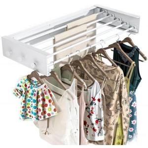 Collapsible Clothing Storage Organizer Drying Rack Wall Mounted for Laundry- 5 Aluminum Rods with 6 Hook Foldable Closet Shelves, Space Saving Storage for Indoor Outdoor, (White,31.5'')
