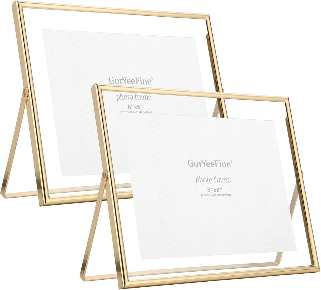 Gold 10x8" Floating Frame(Horizontal),2Pack for Picture(7x5'',8x6'',9x7''),Rounded Edge Metal Frames Adjustable Tabletop/Shelf Photo Frame,for Wedding,Christmas,Birthady,Home or Office Decor