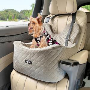 Petbobi Dog Car Seat for Small Dogs - Premium Booster Sightseeing Sofa Seat for Pet up to 25 lbs - Ensures Pet Safety with Seat Belt - Comfortable High-Density Foam - Machine-Washable Plush Cover (Brown - Integrated)