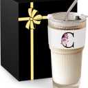 Initial Glass Cup with Lid Straw Ribbed Ice Tea Coffee Matcha Latte Clear Tumbler Co Work Women Coworker Colleague Secretary Assistant Nurse Teaher Member Bulk Appreciation Thank You Employee Gift C