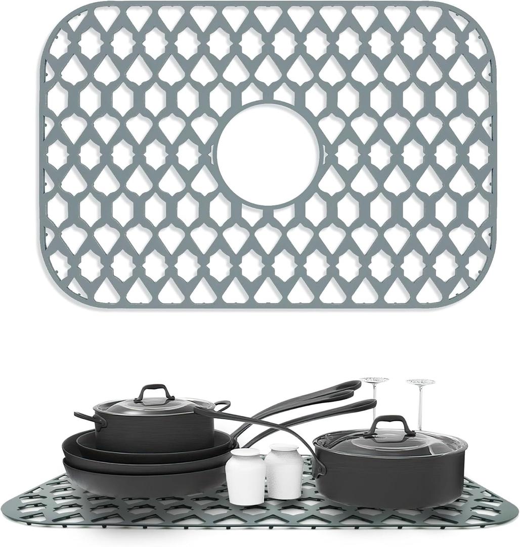 Sink Protectors for Kitchen Sink 13x11 &16x12 & 18x16 & 19x14 & 21x16 & 22x13 & 24x13 & 25x16 & 26x14 & 28x14 & 30x16, Silicone Sink Mat Grid (19"x13", Center Drain) (Gray)