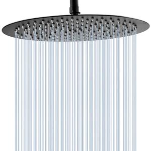 GGStudy Round 16 Inch Stainless Steel Shower Head Rain Style Shower Head Black Large Square Rainfall Shower Heads Matte Black