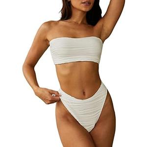 ZAFUL Women Strapless Textured Bandeau Bikini 2 Piece Swimwear Cheeky Solid Lace up Bathing Suits S
