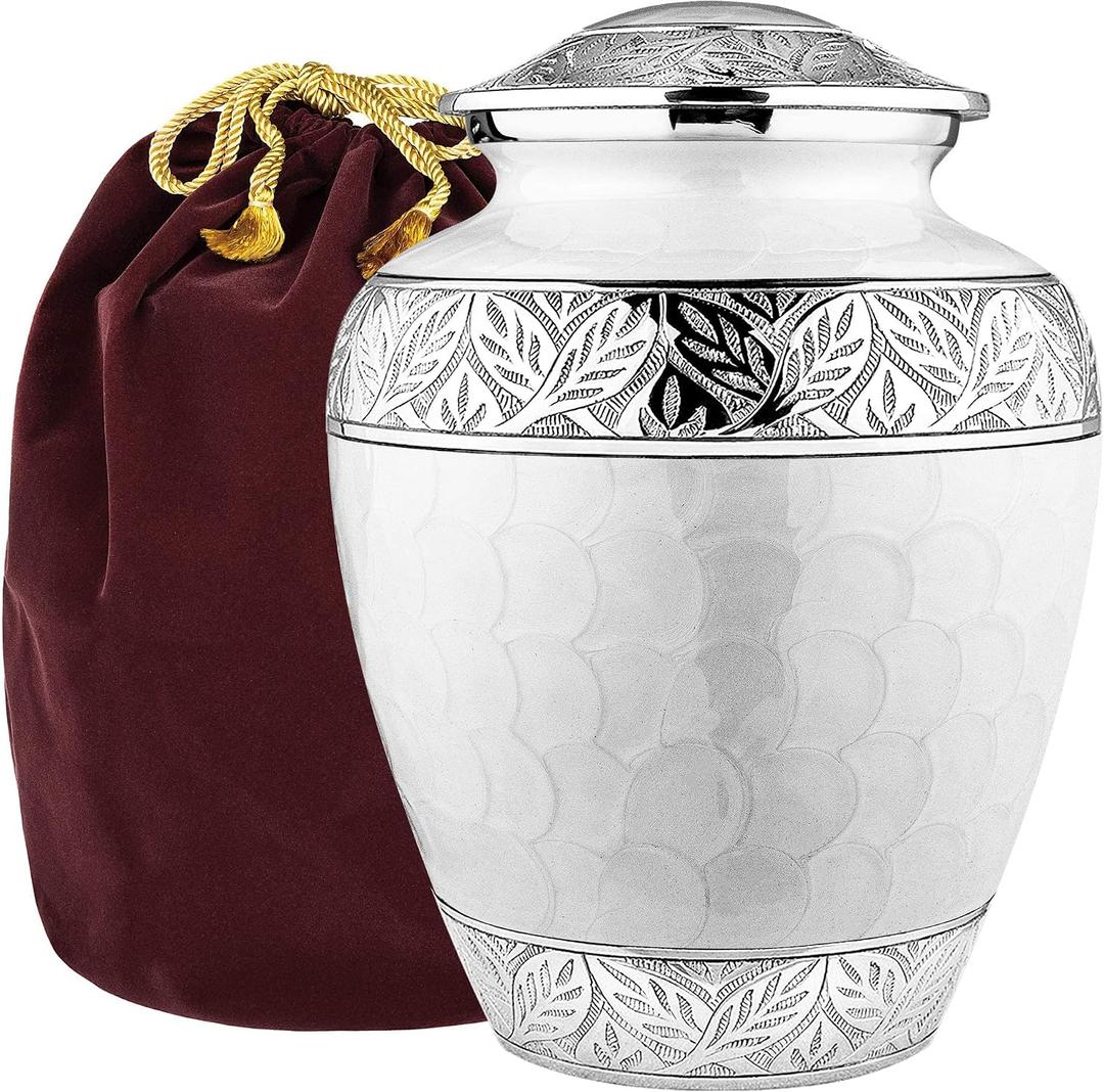 Trupoint Memorials Cremation Urn for Ashes for Women Female, Urns for Human Ashes Male, Engraved Mother of Pearl Funeral Urn for Adult Man, Silver Lining Large White