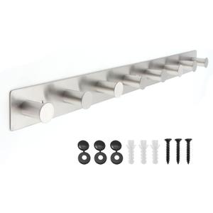 Coat Rack Wall Mounted, White Coat Hooks Screw in, Stainless Steel Door Hooks for Hanging Hat Towels Clothes, Hook Rail with 8 Round Hangers (Silver, 8 Hooks)