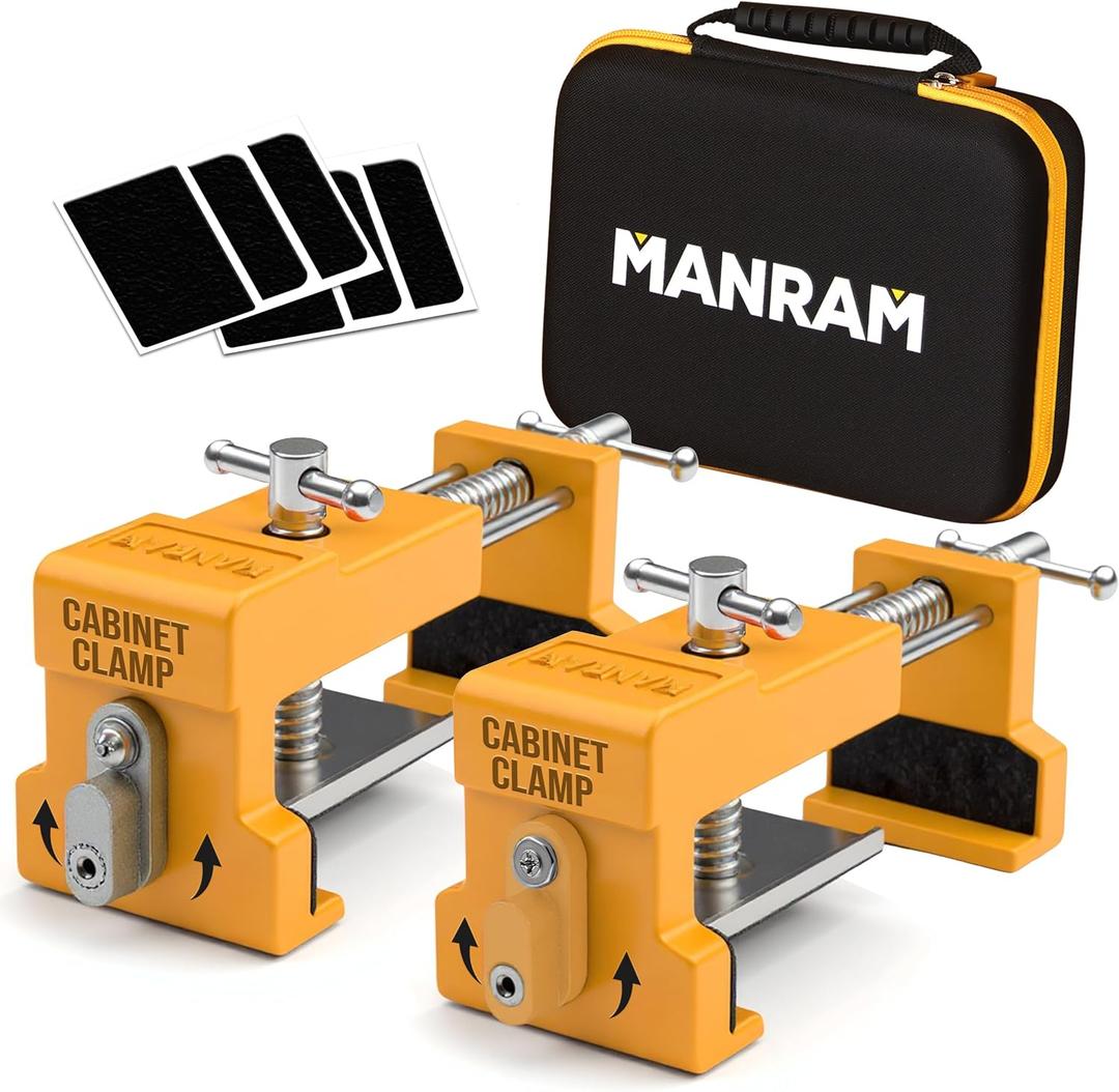 Premium Cabinet Clamps 2 Pack with Protective Case, Solid Cast Steel Construction, Integrated Drill Guide with EVA Pads, Face Frame Alignment Tool Clamp for Cabinet Installation & Woodworking