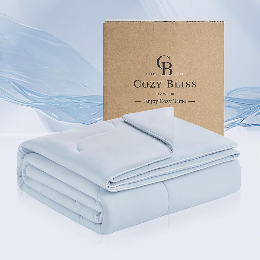 Cozy Bliss x Sorona Viscose Natural Fiber Cooling Comforter Queen Size, Reversible Silky Smooth Cooling Blanket with Q-Max0.45 for Hot Sleepers & Night Sweats, Cool Blue, 90"x90"