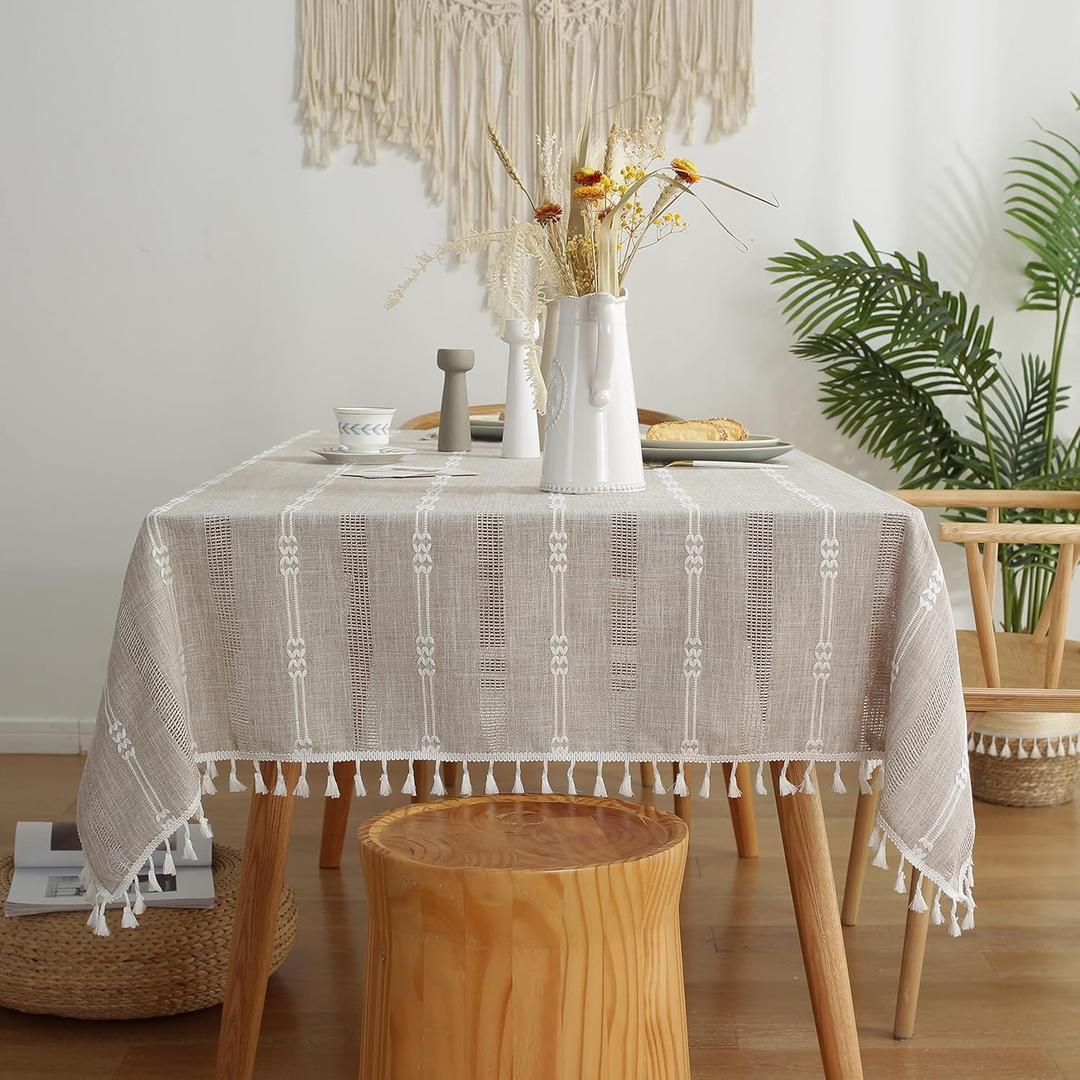 Gernaice Rustic Stripe Embroidered Tablecloth Heavy Tassel Small Rectangle Cotton Linen Table Cloth Wrinkle Free Washable Table Cover for Coffee Living Room Sofa Table Brown 36x55 Inch