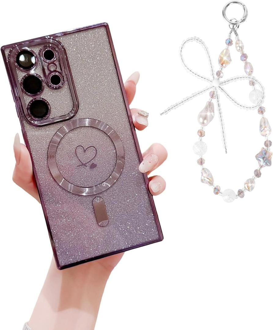 Designed for Samsung S25 Ultra Case Magnetic Glitter with Wrist Strip Compatible with MagSafe, Luxury Plating Heart Shockproof Protection Phone Case Clear Cover for Women Girls -Purple