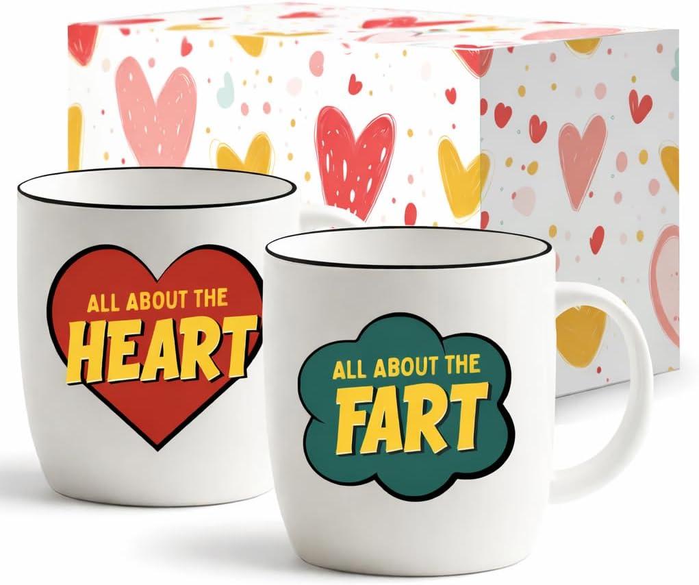 Triple Gifffted Anniversary Mugs for Couples - Pop Art Funny Fart Gag Gifts - 13oz Ceramic Coffee Cups in Gift Box - Idea for Valentine's Day Christmas Wedding - Boyfriend Girlfriend - Husband Wife