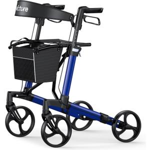 WOTURE Foldable Rollator Walker with Seat & Backrest 16 lb Ultra-Light Mobility Aid, 8" All-Terrain Wheels for Indoor/Outdoor Use, Adjustable Handles & Dual Brakes, Includes Storage Bag, Blue