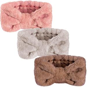3 Pieces Wash Face Headband Makeup Spa Headband Towel Terry Hair Bands Microfiber Bowtie Headbands Shower Facial Adjustable Headband for Women (Pink, Blue, White) (Pink, Light Camel, Light Coffee)