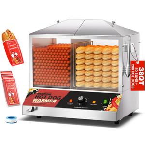Commercial Hot Dog Steamer - 36L/38QT Electric Hot Dog Steamer with Bun Warmer, Stainless Steel Hot Dog Cabinet with Tempered Glass for 200-275 Sausages & 45 Buns, 1200W