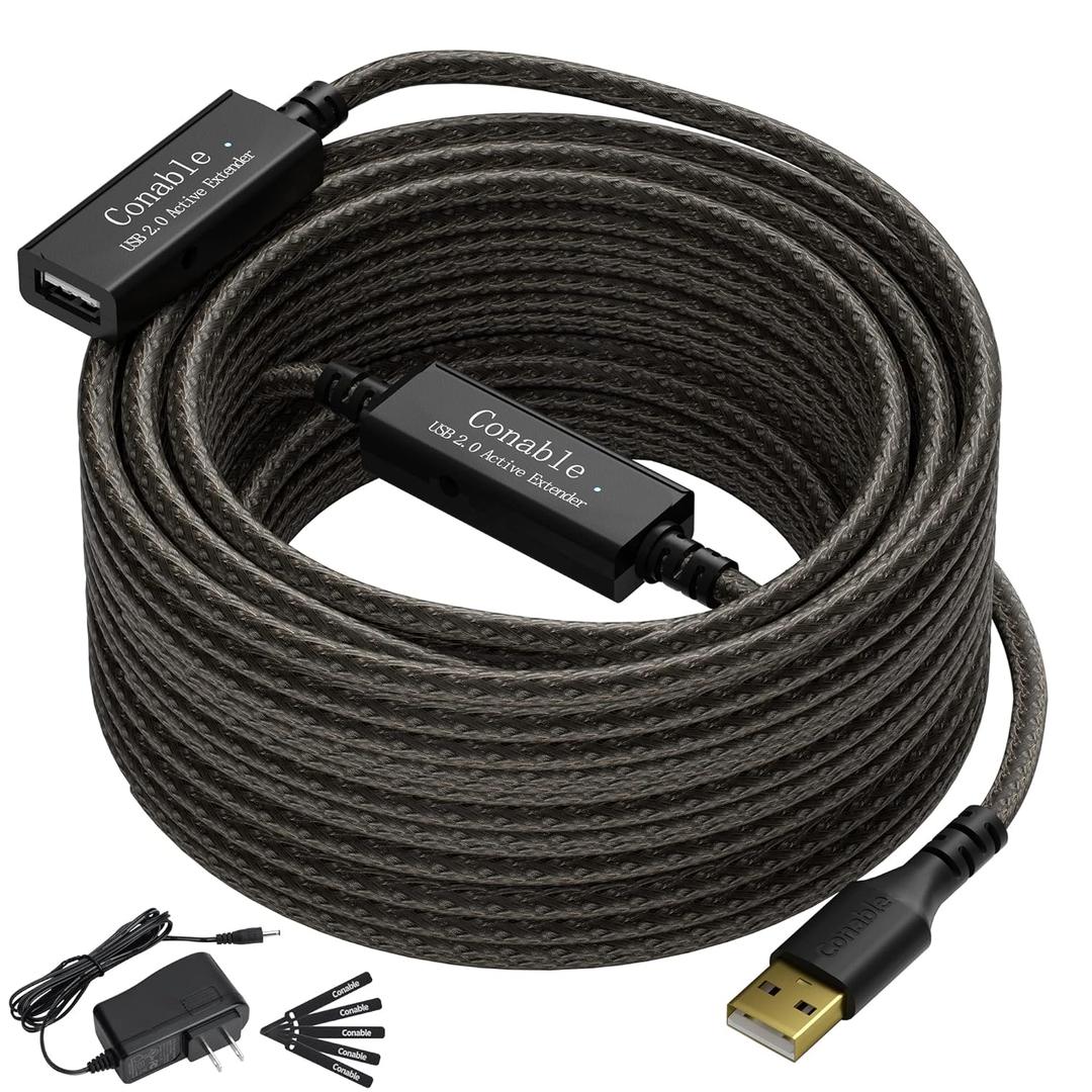 Active USB Extension Cable 100 Feet, USB 2.0 A Male to Female Repeater Cord, with 2 Extension Chipsets Signal Booster, 22AWG Tinned Pure Copper, (AC Power Supply Included)