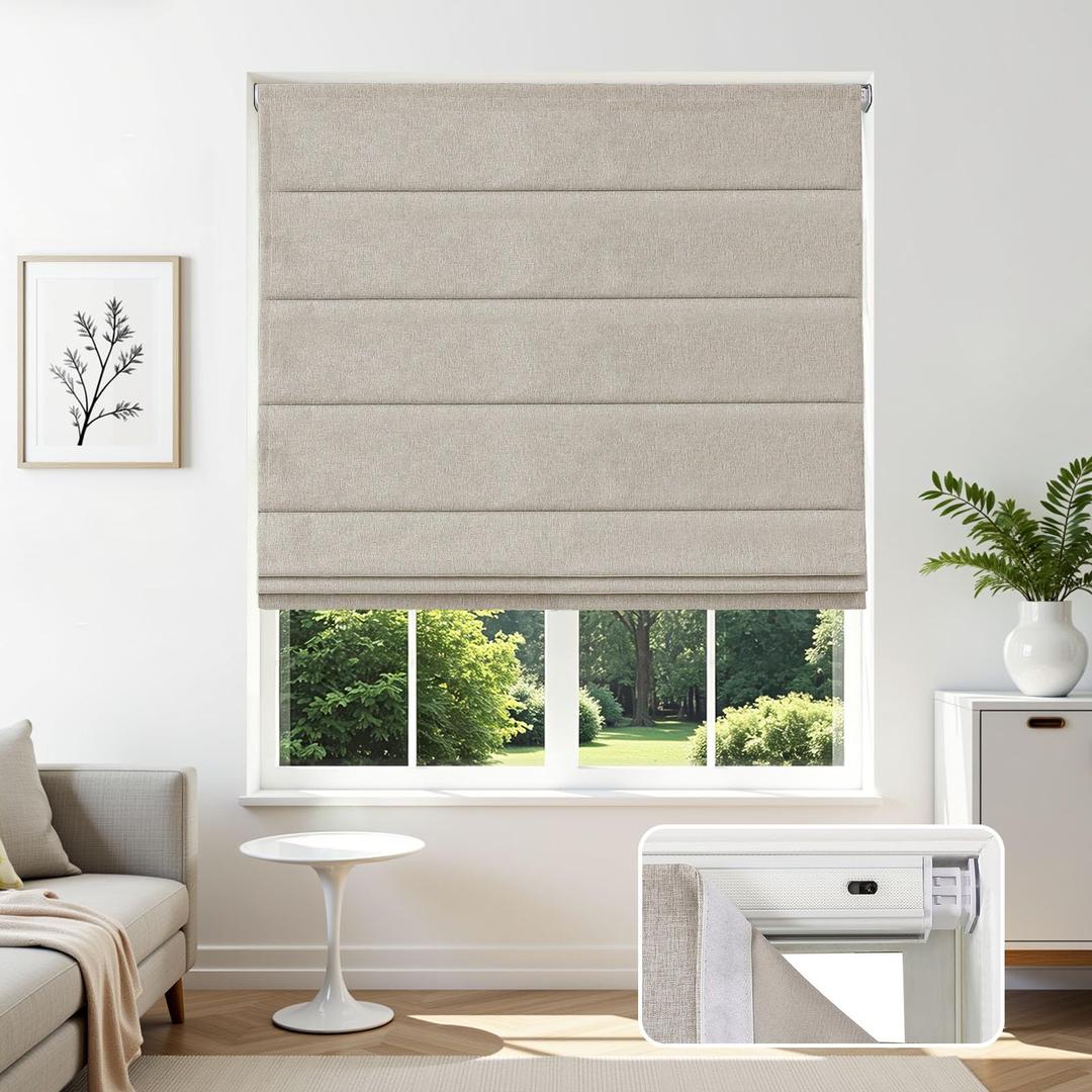 Joydeco Blackout Cordless Roman Shades No Drill, 30" W × 72" H, Linen