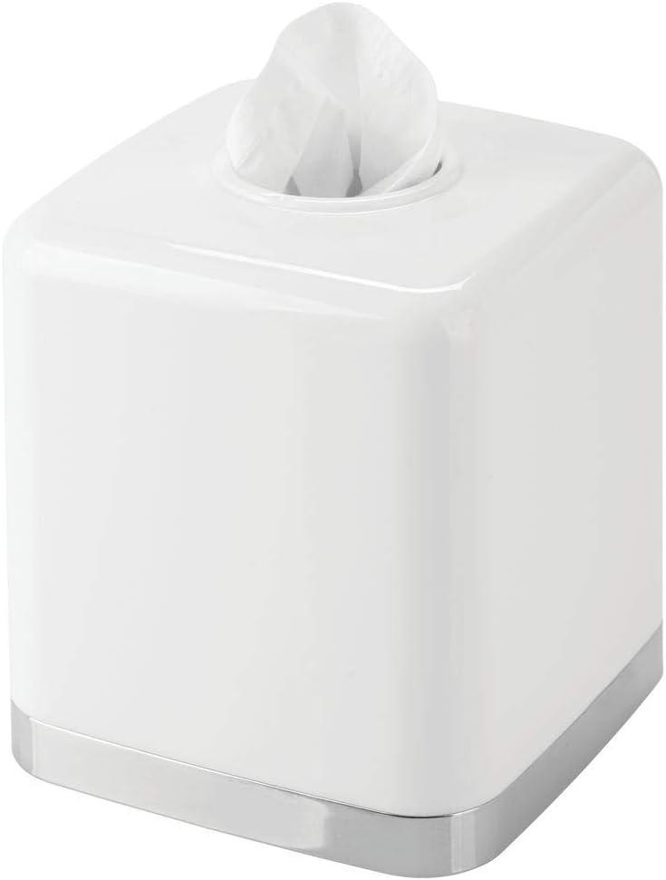 mDesign Plastic Square Disposable Facial Tissue Box Cover for Bathroom Vanity, Countertop, Bedroom Dresser, Night Stand, Office Desk, End Table, Hold Paper Tissues - Hyde Collection - White/Chrome