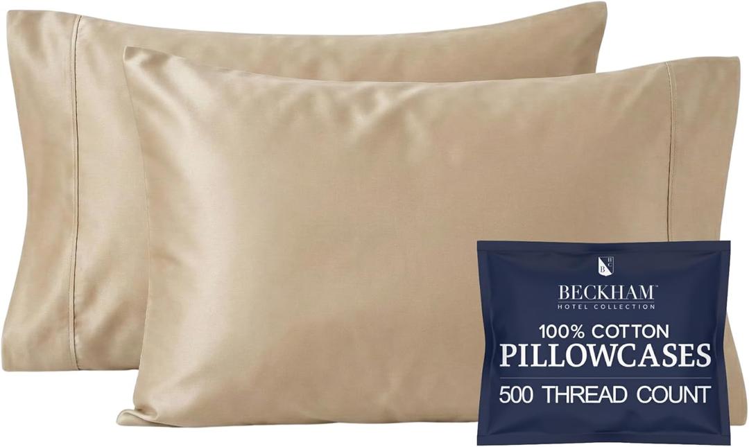 Beckham Hotel Collection Pillowcases King Size Set of 2, Cool Touch Cotton Sateen Fabric, 500TC, Silky Smooth & Soft, Open End, Sand