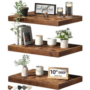 QEEIG 10" Deep Floating Shelves for Wall  10 x 16 inch Book Shelf Bathroom Bedroom Kitchen Living Room Hanging Bookshelf Farmhouse Set of 3, Rustic Brown (02540BN3)