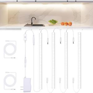 JUSJUBR Under Cabinet Lights Plug-in, 4 Pack x 12inch LED Under Cabinet Lighting, Dimmable Plug-in Light Bar for Desk, Under Kitchen Counter LED Lights with Memory Function, Cold White 6500K
