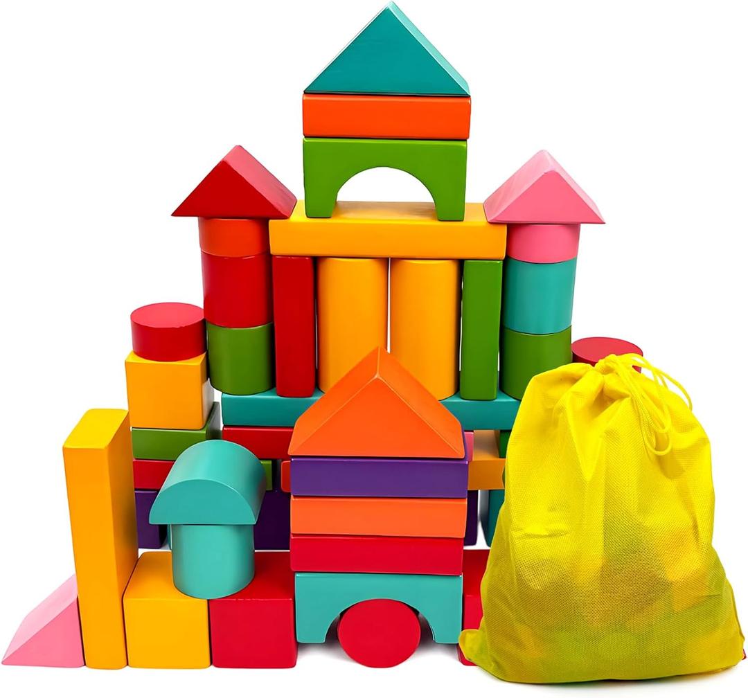 Cheardia 100 Pack Wooden Building Blocks, Standard Colored Natural Blocks with Storage Bag for Playing, Parties Hands for Indoor Activity Play