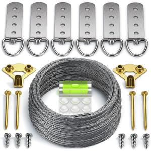 Heavy Duty Picture Wire Hanging Kit - D-Ring, Screws, Hanging Hooks,Level. Supports up to 100 lbs 50+ Feet (15.25M) Stainless Steel Wire Hanger