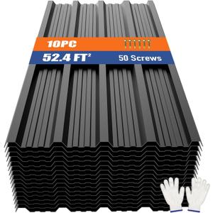 Brakki Metal Roofing Panels 10pcs 52.4 ft², Black Corrugated Galvanized Steel Roof Panels with Screw, Heavy Duty Metal Siding Suitable for Garages Chicken Coop Sheds Stables Patio