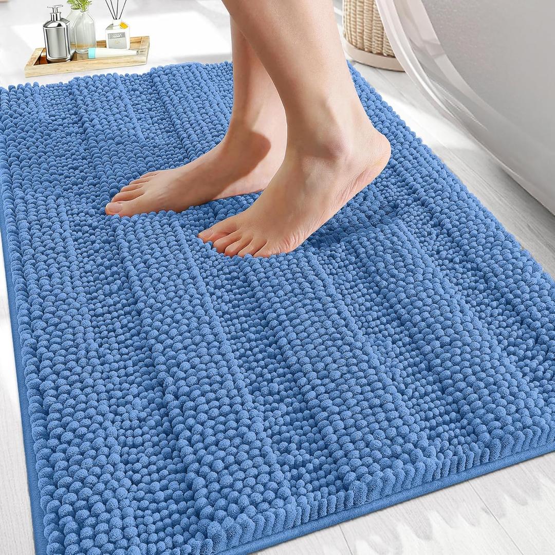 OLANLY Thick Bathroom Rugs 30x20, Extra Soft Absorbent Chenille Striped Bath Rugs, Rubber Backing, Machine Wash, Bath Mats for Bathroom Floor, Tub and Shower, Home Decor Accessories, Cornflower Blue