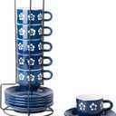 Original Heart 6pieces Espresso Cups with Saucers and Metal Stand Stoneware Cup & Saucer Sets, Stackable espresso mugs, 4oz coffee cups set, Set of 6, Blue