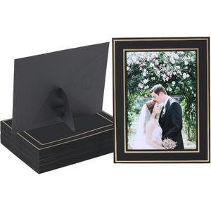 25 Pack Paper Picture Frames with Easel 5X7 Inch Cardboard Photo Frame Cards Bulk Paper Photo Frame for Thanksgiving Christmas Wedding Birthday Classroom DIY Fall Decor - Black with Gold Trim