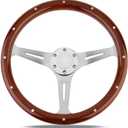 15" Classic Wood Grain Steering Wheel Riveted Light Wood Grip Universal Car Racing Wood Steering Wheels Slotted 3 Spoke with Horn button (wooden-03)