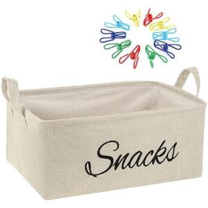 Newtay 17 Pcs Snack Basket Sets, Snack Storage Bin for Pantry Shelves with 16 Pcs 2 Inch Chip Clips, Basket Organizer for Kitchen, Chips, Popcorn, Candy, Pretzels (Cream-Colored, Burlap)